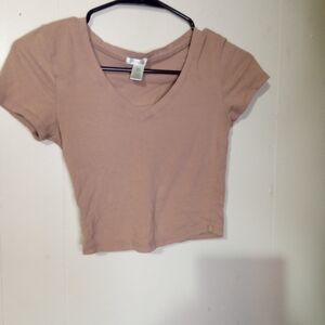 Bozzolo Tan V-Neck Cropped Short Sleeve Top